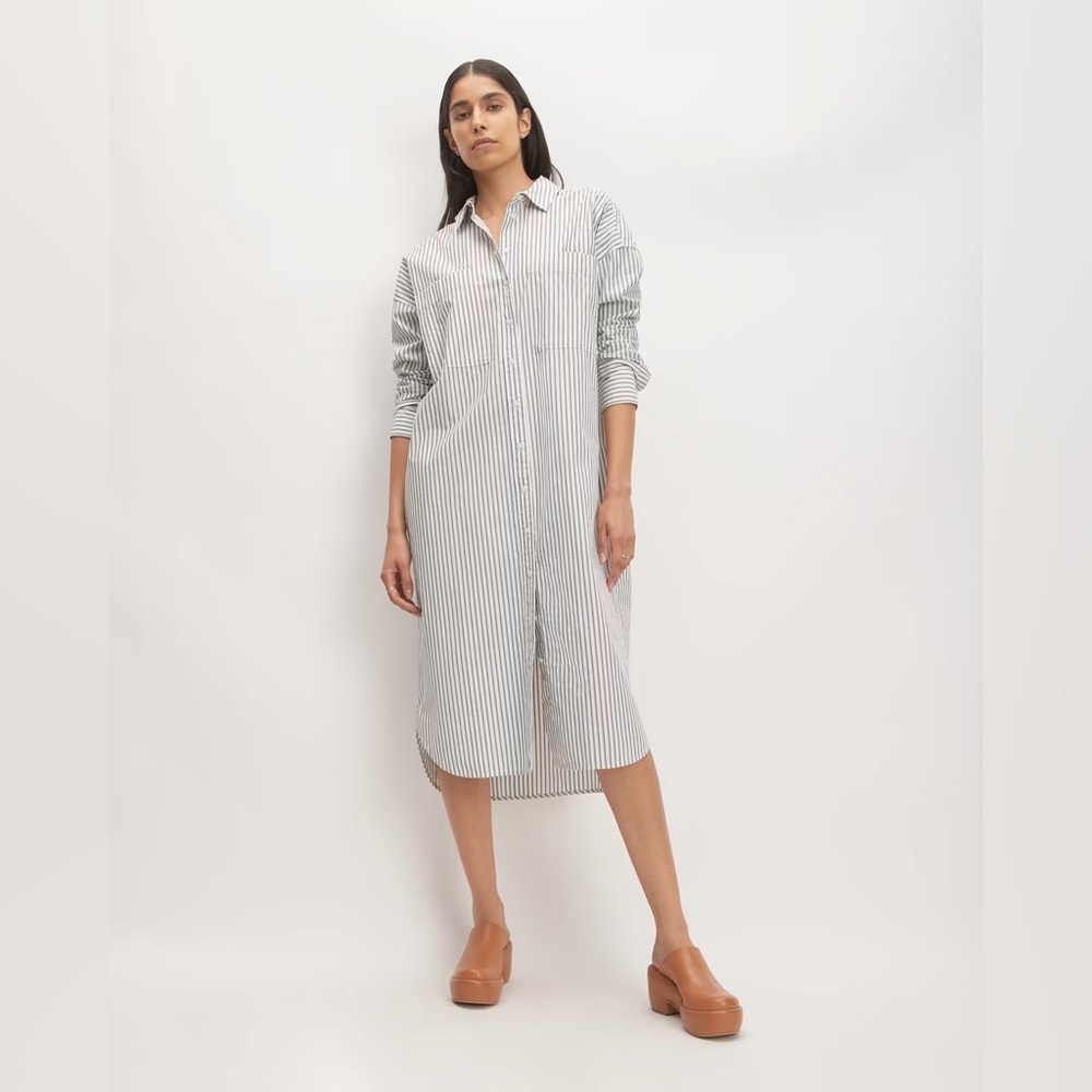NWT Everlane The Midi Cotton Shirt Dress Olive White Stripe size L